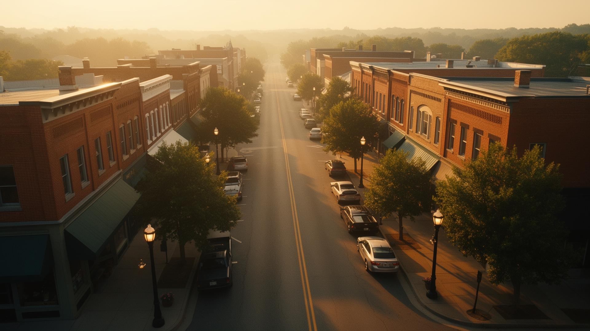 Aerial view of a nostalgic American Main Street at golden hour
