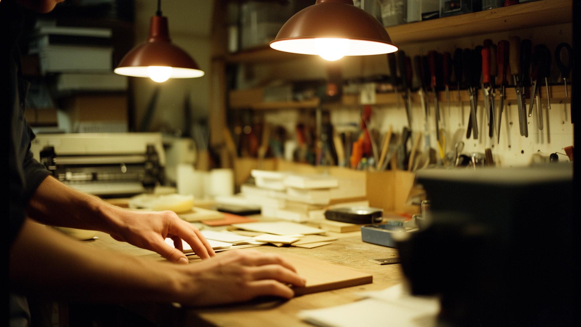 Independent workshop interior with warm pendant lighting